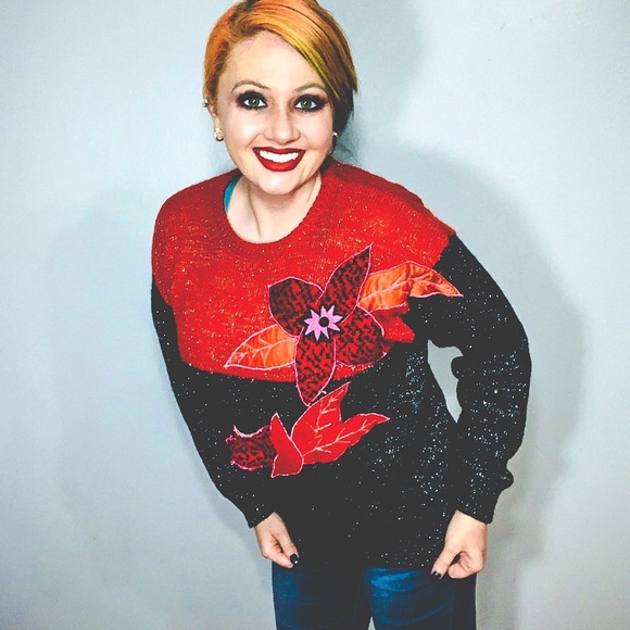 Vintage P’ Galli Red and Black Poinsettia Sweater - Picture 1 of 4